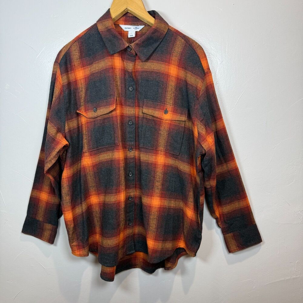 Old Navy Flannel Shirt Womens Large Orange Boyfriend Tunic Swiftie Evermore NWT
